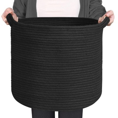 Large 16 x 14 Black Cotton Rope Basket, Woven Laundry, Toy Box, Round Bin