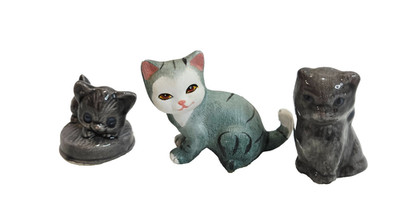 Lot of 3 Gray Ceramic Kittens Cat Figures Small Trinket Shelf Decor