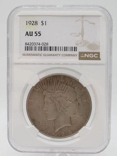 1928 PEACE SILVER DOLLAR NGC AU 55 $1 COIN NICE! Newly Graded!