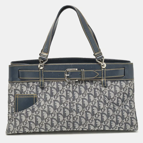 Sac fourre tout poche jean bleu oblique toile et cuir Dior
