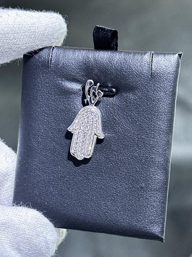 Platinum Sterling Silver Pave White Sapphire Hamsa Hand Israel Pendant Charm - Picture 10 of 10