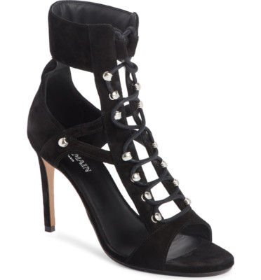 New BALMAIN $1195 Black Suede Jody Lace Up Cutout Stiletto Bootie Italy Size 40 