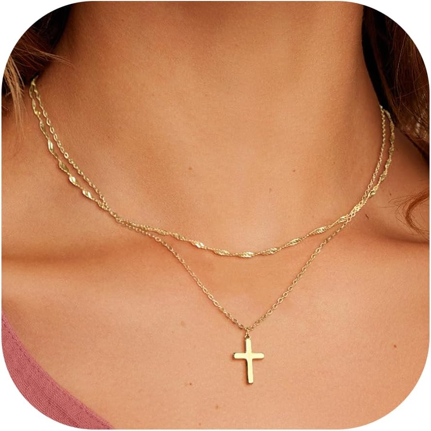 Layered Cross Necklace for Women,14K Gold Plated/Sterling Silver Plated Choker N