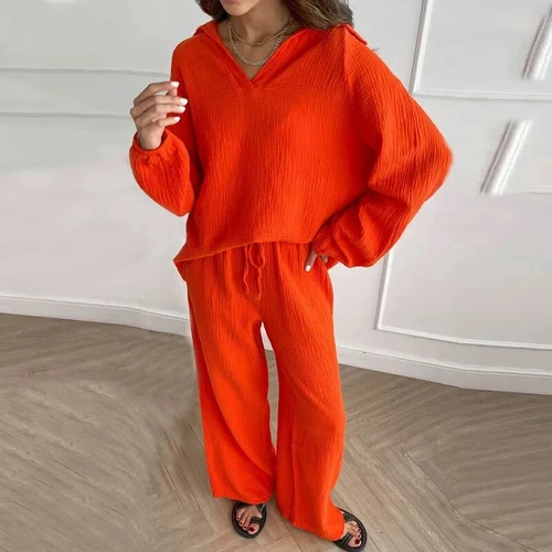 Women V Neck Long Sleeved Top Loose Casual Drawstring Pants Set 2Pcs Set Summer - Picture 14 of 28