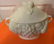 Over and Back Inc White Covered Soup Tureen Punch Bowl Fall Fruit Motif Japan