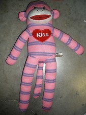 Dan Dee Pink  purple Knit Plush 20" SOCK MONKEY Stuffed Animal Toy EUC Kiss