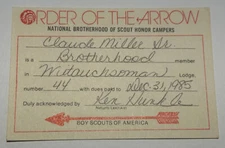 Boy Scout OA Membership Card - Lodge 44 Witauchsoman Pennsylvania 1985   RC6