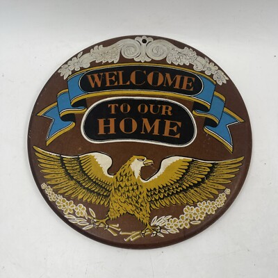 Welcome To Our Home Wood Plaque Americana Hand Painted Vintage Eagle USA