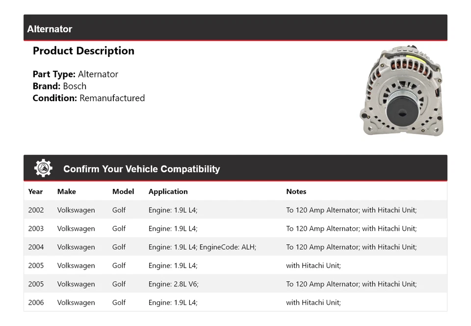Alternador para Volkswagen Golf Bosch 2002-2006 (remanufacturado) 2003 2004 2005 Foto 2 de 4