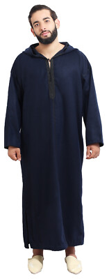 Moroccan Men Winter Jelaba Jellaba Caftan Kaftan Hooded Cotton Robe Navy 