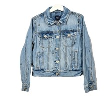 Gap Kids Denim Jacket Polka Dot Blue Button Front Girls Size M 8-9