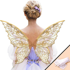 Fairy Wings for Women  Girls, Butterfly Costume Set with Lace Gloves, Large