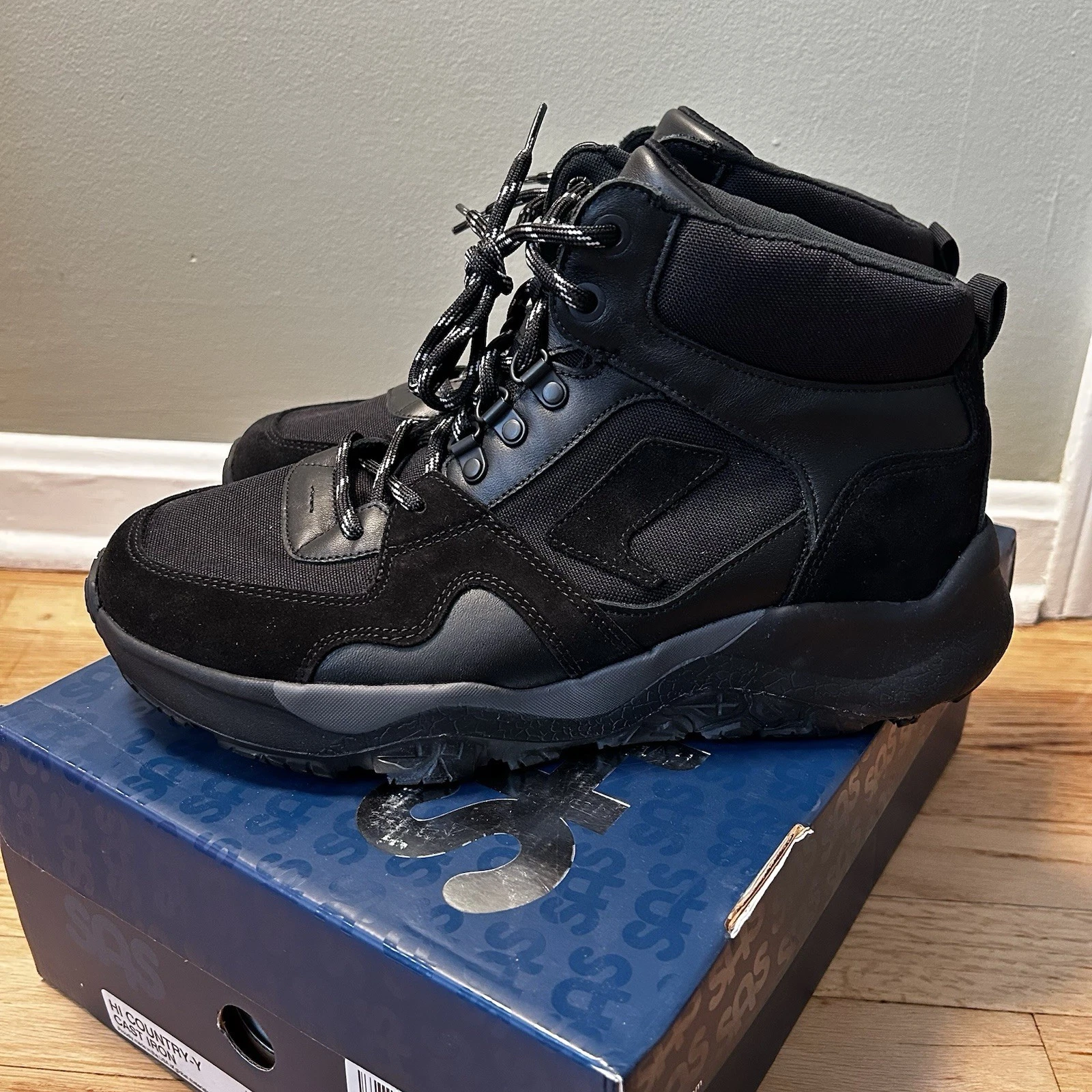 SAS Mens Hi Country-Y Hiking Boots 10.5WW Black Cast Iron Lace Up Extra Wide
