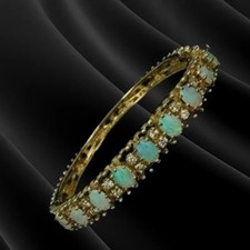 8 Carat Oval Shape Fire Opal Diamond Ladies Bangle Bracelet 18K Yellow Gold Over