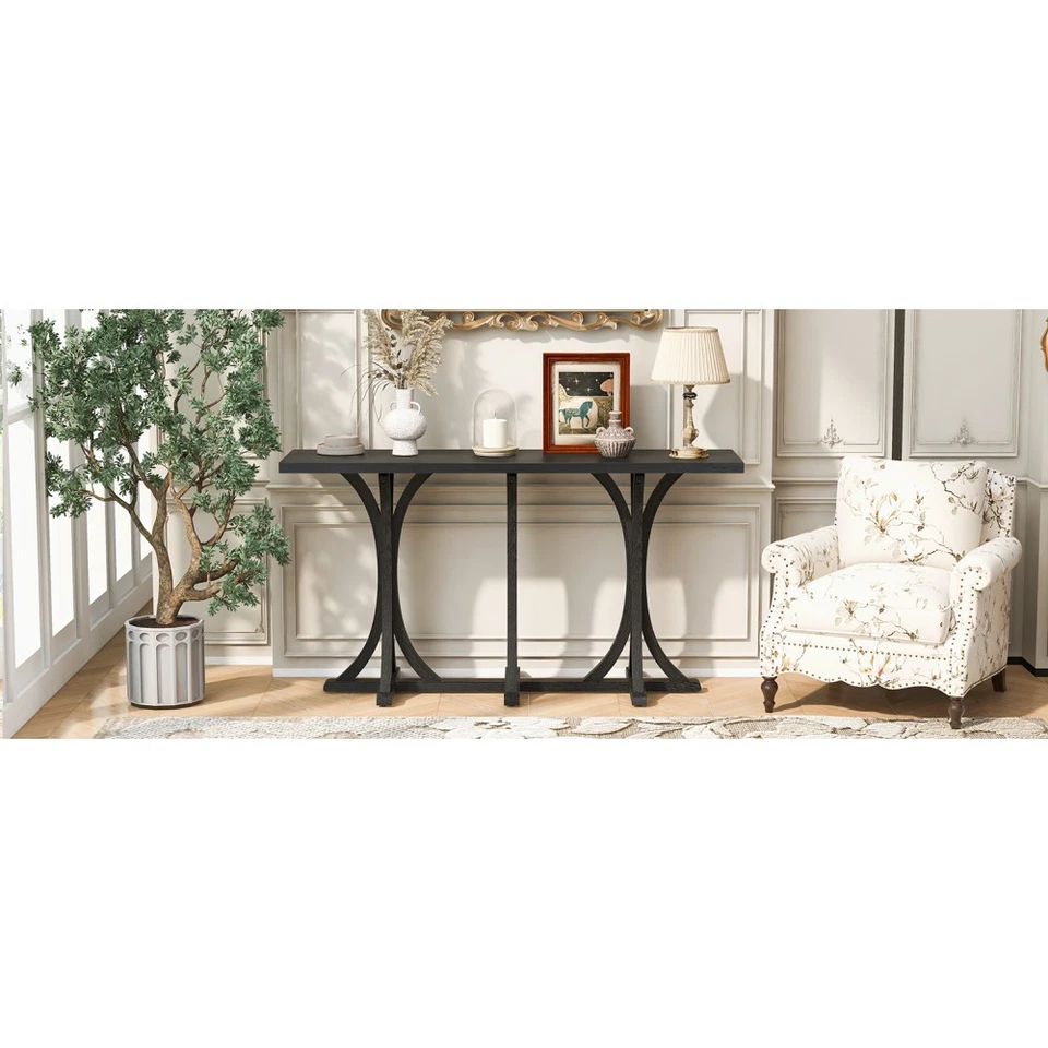 Wooden Console Table Oak Veneer Farmhouse Rubber Wood Slender Curved - Image 3 of 4