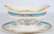 VTG LENOX CHINA BLUE TREE PATTERN GOLD TRIM GRAVY BOAT WITH ATTACHED UNDERPLATE