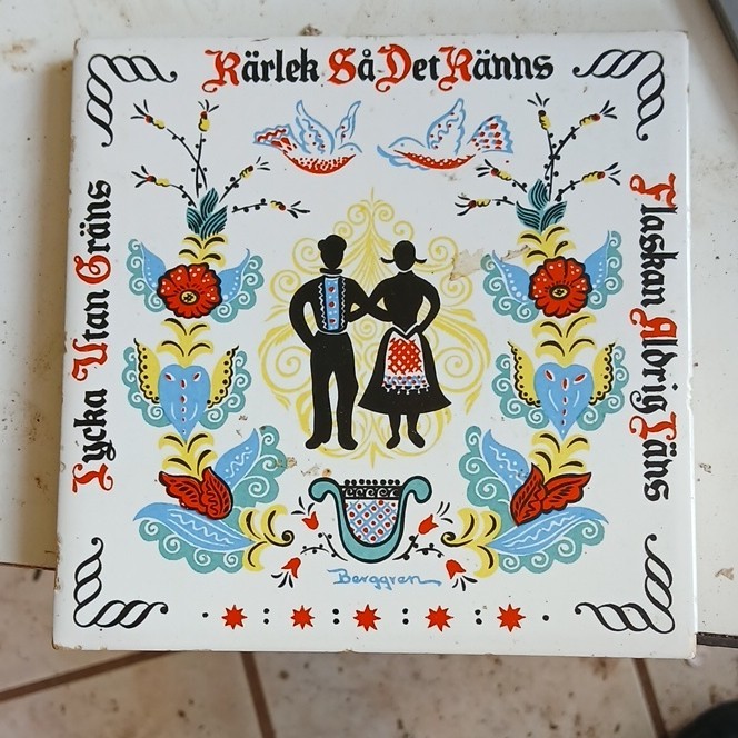 Scandinavian Folk Art Ceramic Tile Signed Borggren Couple Floral Glazed