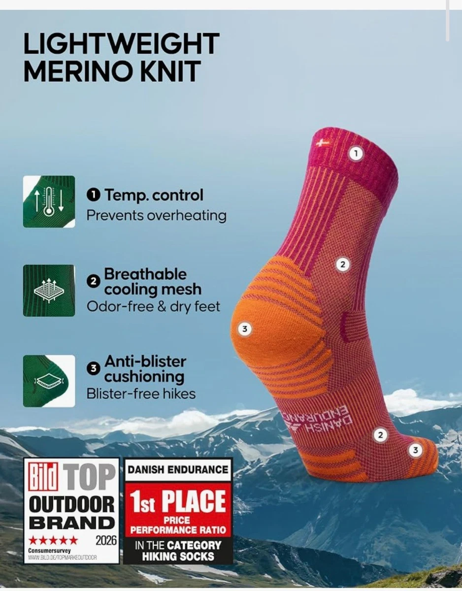 DANISH ENDURANCE Calcetines de Senderismo, Lana Merino Ligera, Anti Blister Paquete de 3 Reino Unido 3-5