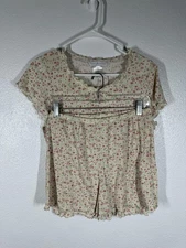 Earth Angels Pajama Set Womens Medium Ivory Pink Floral 2 Piece Lounge 112-0305