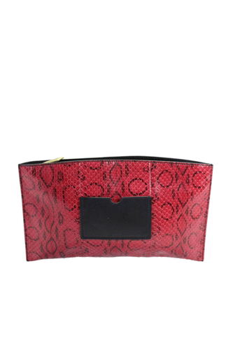 Reed Krakoff Womens Leather Snakeskin Print Zip Closure Clutch Bag Red