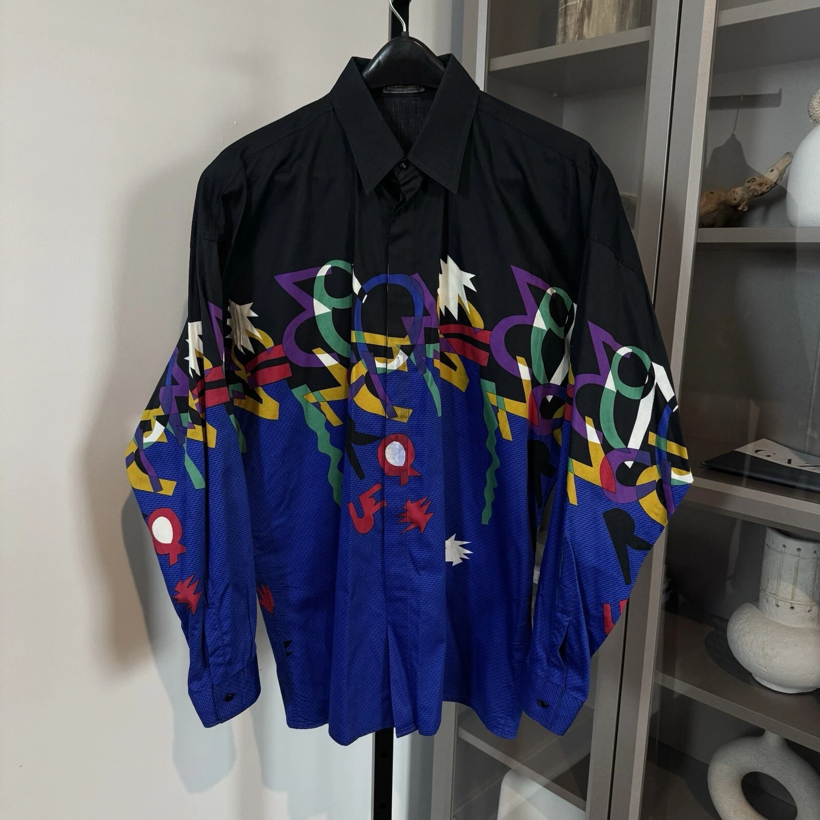 Versace — Gianni Versace Black Blue Multicolor Geometric Art To Wear Button Shirt 50 XXL