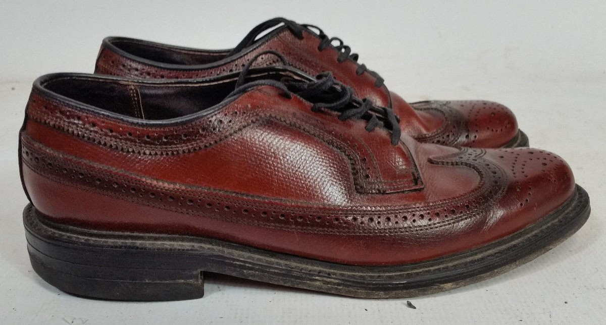 Mens Vintage Florsheim 8.5 Gunboat Wingtip Oxford Pebble Dress