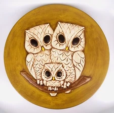 Vintage 70s Owl Plate Wall Hanging Three Owls on Branch 3D Relief Hand Painted