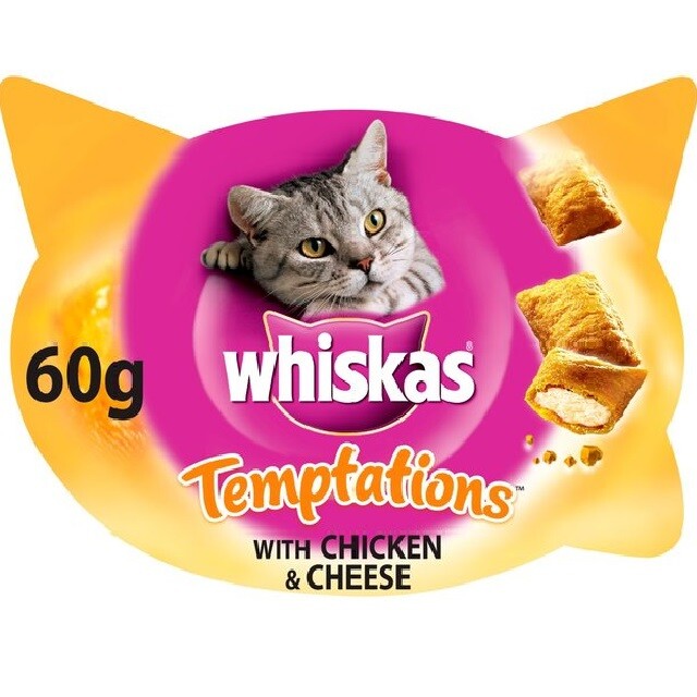 60g x 8 WHISKAS TEMPTATIONS Beef, Salmon or Chicken & Cheese Cat