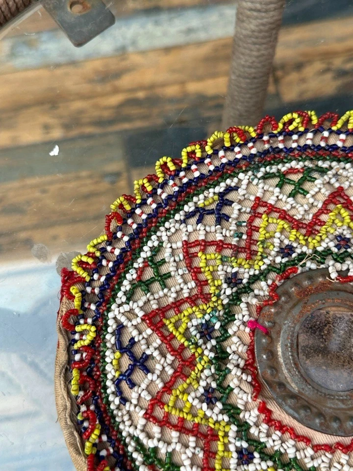 Старинный индийский племенной ручной работы многоцветные бусины работы ручной вентилятор без палочки - Изображение 4 из 4