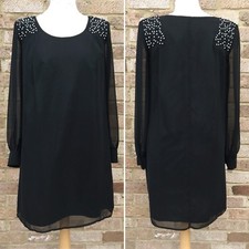 NEXT Shift Dress UK 10 Black Chiffon White Beads Evening Cruise LBD Travel Light
