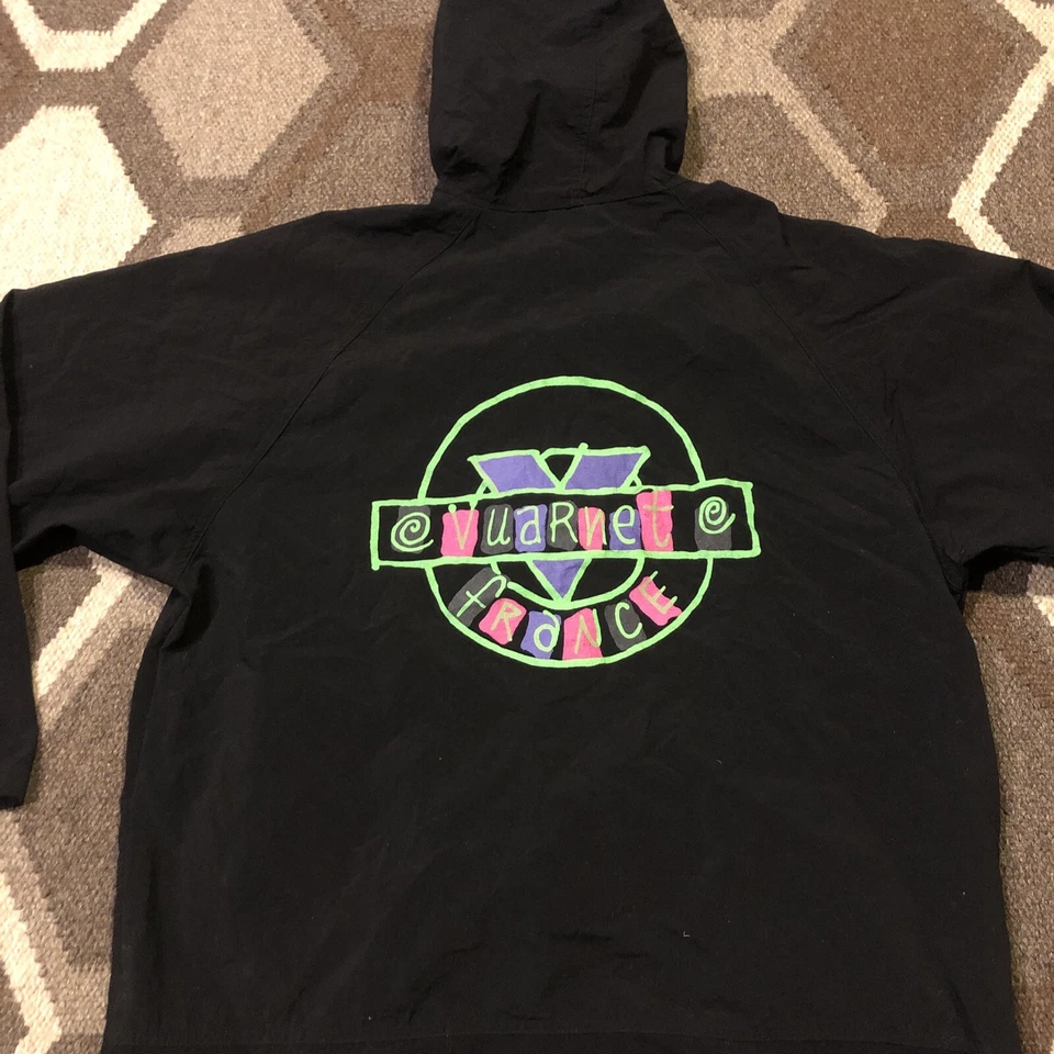 RARO VUARNET Francia Cremallera Completa Capucha Cortavientos De Colección Años 80 90 Negro DE GRAN TAMAÑO Grande Foto 4 de 4