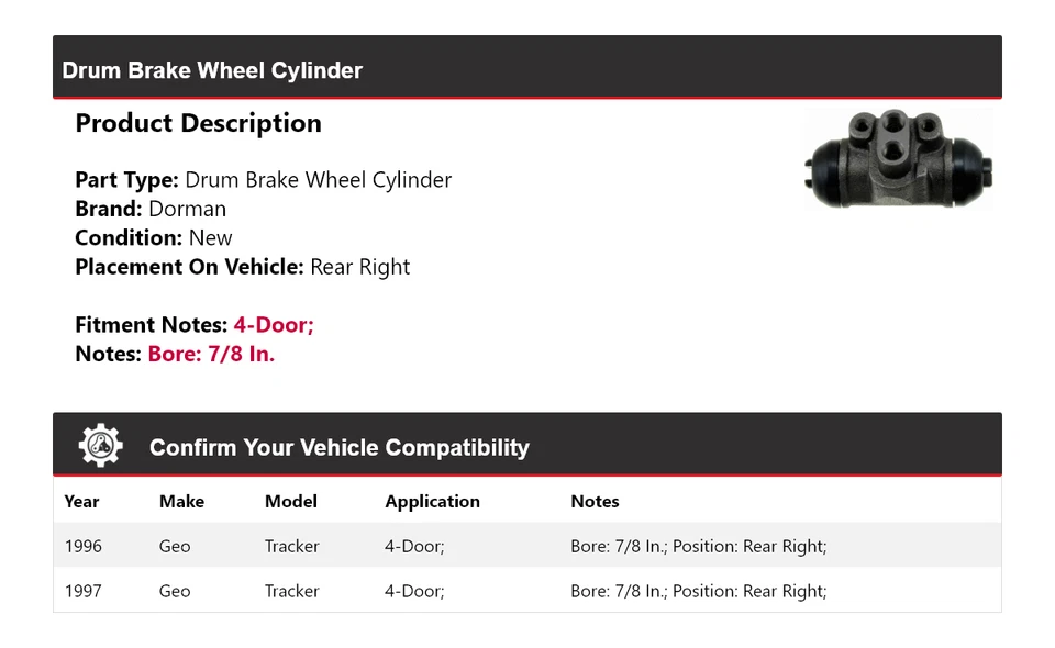 Cilindro de rueda de freno de tambor Dorman de 4 puertas Geo Tracker 1996-1997 trasero derecho Foto 2 de 3