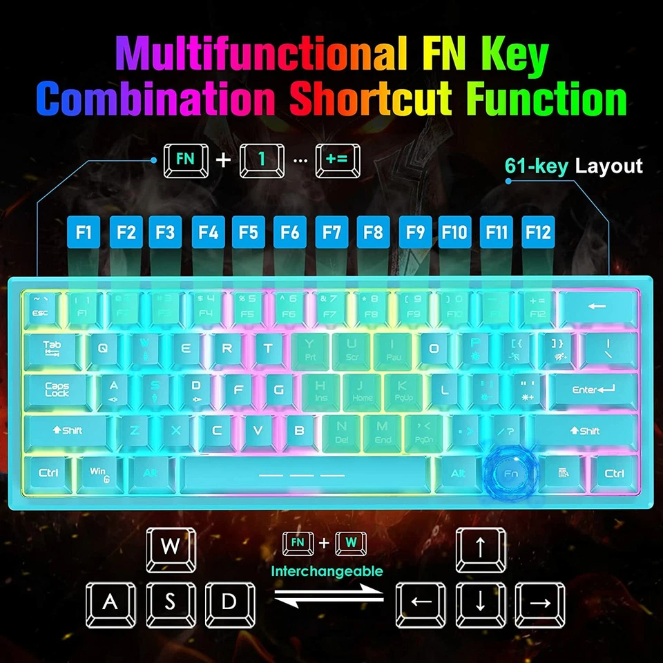 2.4G 60% Kabellos Gaming-Tastatur und Maus combo, Funk Kleine RGB LED beleuchtet - Bild 4 von 4