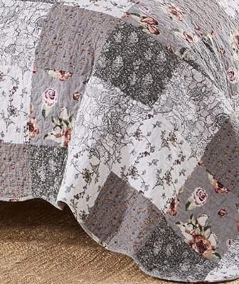 GREENLAND GRAY FLORAL 3p Queen QUILT SET : FARMHOUSE GREY GIULIA COTTAGE WHITE PATCH