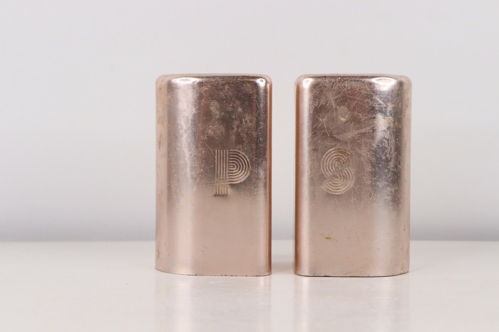 Vintage 60s Mid Century Modern MCM Aluminum Salt Pepper Shaker Set - Thumbnail 3