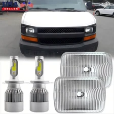 7X6 Glass Lens Headlight Conversion Sealed beam Kit to H4/9003 Size + LED Bulbs