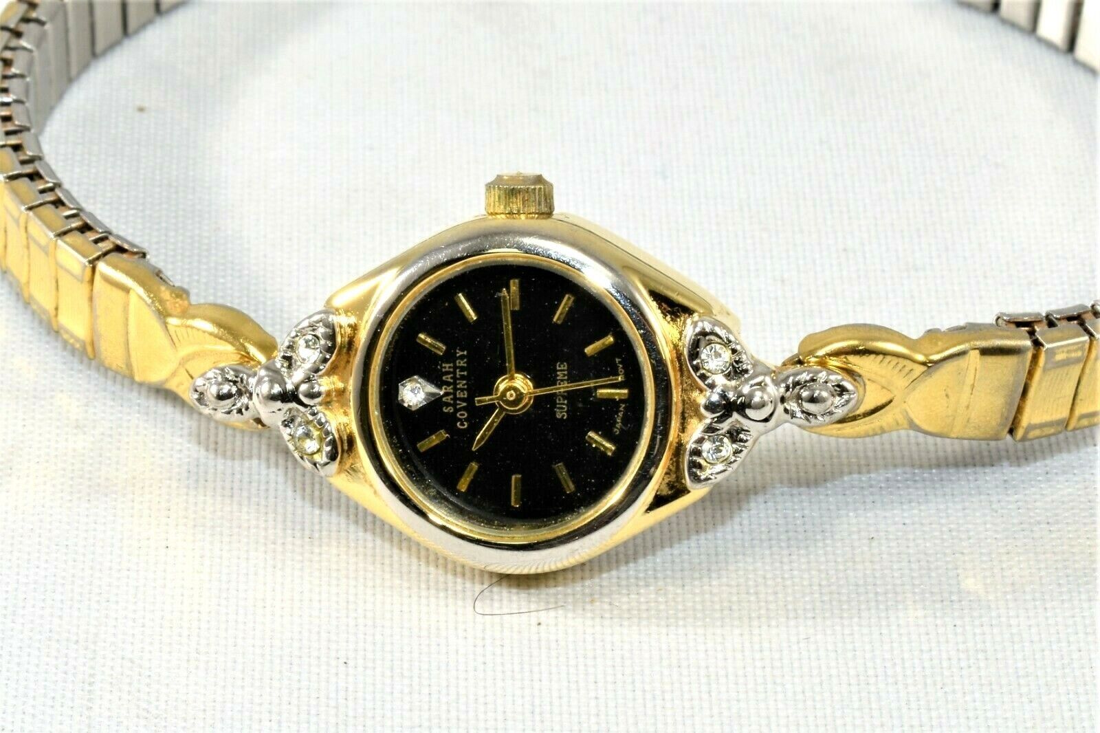 Sarah Coventry Gold Tone Ladies Watch Black Dial Crystal Accent New Battery