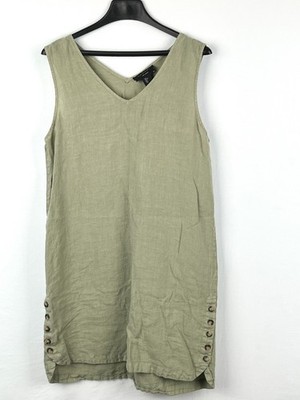 Tahari Linen Sleeveless Dress Womens L Sage Green Button Hem Lagenlook