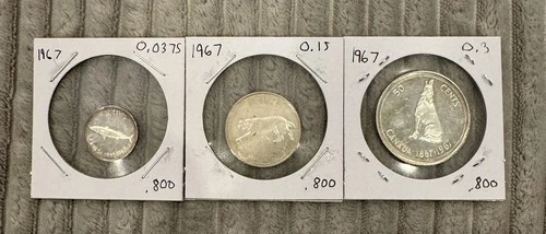1867-1967 Canada Centennial Silver Coins Set of 3, 50 25 10 cents 0.4875 ASW