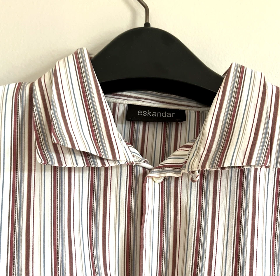 ESKANDAR 超大方格衬衫 100% 棉双领条纹长袖 S 码 — 第 3/4 张图片