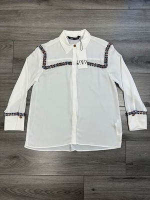 Zara Damen weiß transparent Polyester Langarm Bluse Top Größe M neu mit Etikett 
