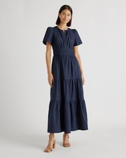 Quince Women 100% Organic Cotton Poplin Tiered Maxi Dress Navy Basic Sleeved L