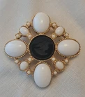 Vintage 1950's BENEDIKT NY Black Intaglio & Milk Glass Designer Statement Brooch