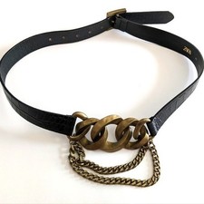 ZARA Black Croc Embossed Belt with Gold Chain and Buckle Size 80