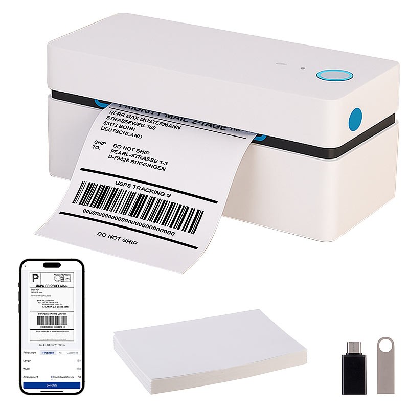 Callstel Etiketten-Thermodrucker, 100x150 mm Etiketten, 203 dpi, USB, BT, App