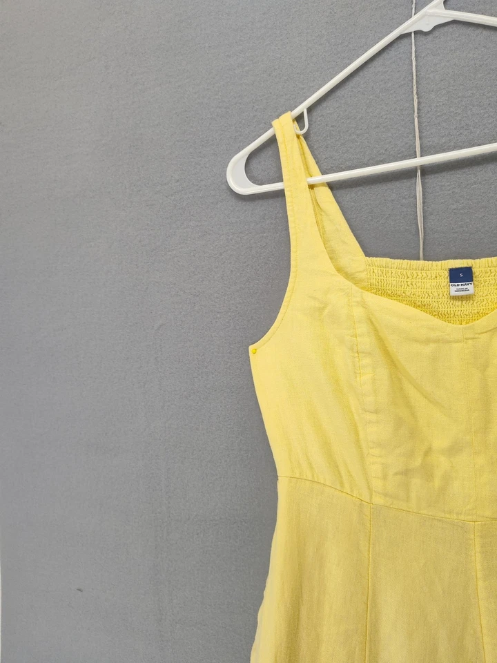 Antiguo Vestido Azul Marino Mujer Pequeño Amarillo Mezcla de Lino Ajuste Acampanado Sin Mangas Verano Informal Foto 2 de 4