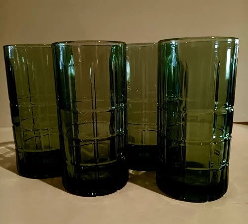 Vintage Anchor Hocking Deep Olive Green Manchester Tartan Plaid 16 oz Tumblers 4
