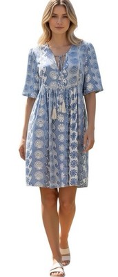  SALTY CRUSH  BLUE SEA SHELLS TASSELE BOHO DRESS SIDE POCKETS LACE DETAIL SZE 14