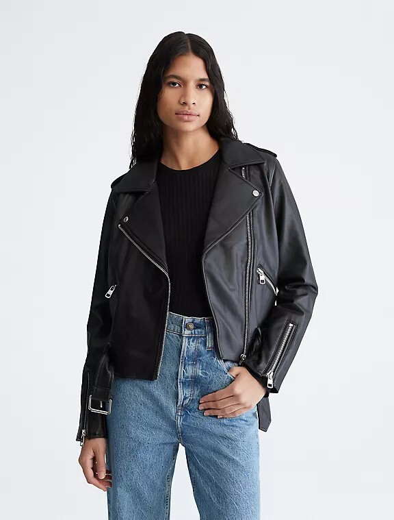 Calvin Klein Faux Leather Cropped Biker Jacket Black Womens Calvin Klein Faux Leather Cropped Biker Jacket Black Womens