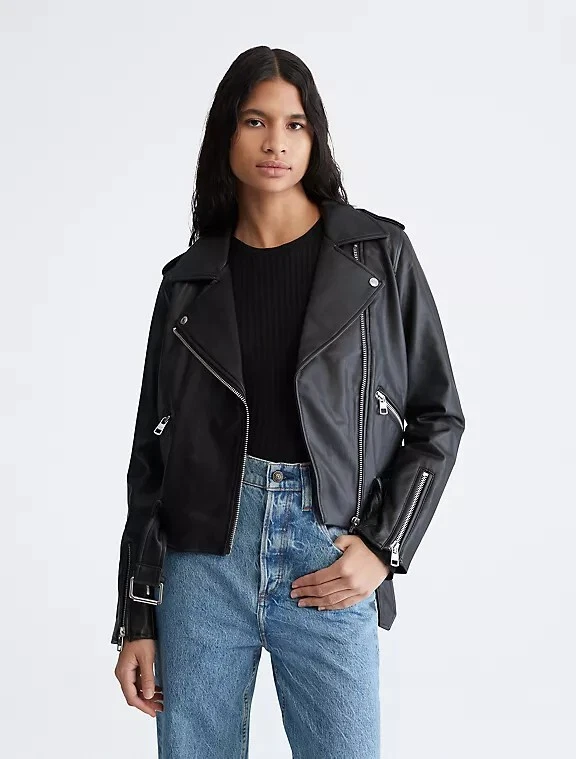 Calvin Klein Faux Leather Cropped Biker Jacket Black Womens Size